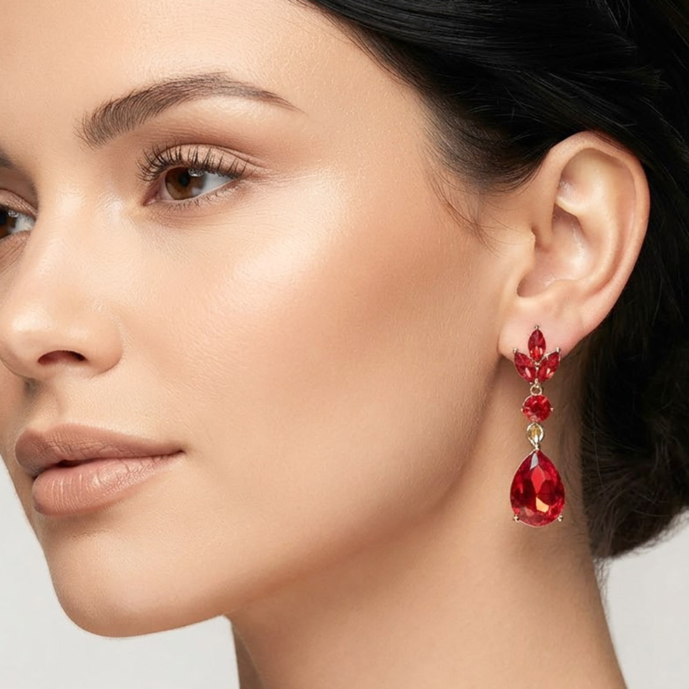 Madeline Love Gold, Siam Teardrop Cluster Drop Evening Earrings
