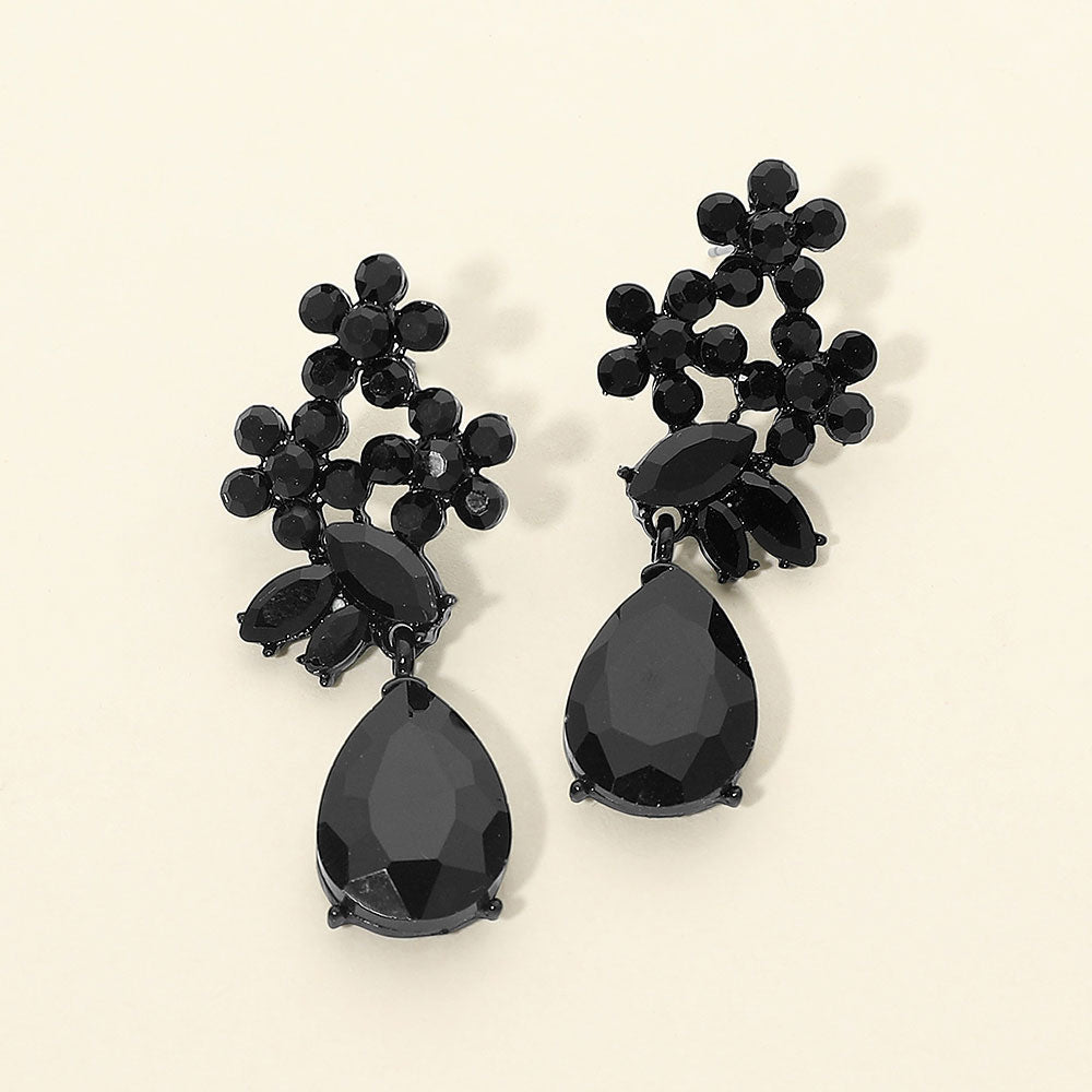 Madeline Love Black, Jet Black Floral Teardrop Stone Cluster Drop Evening Earrings