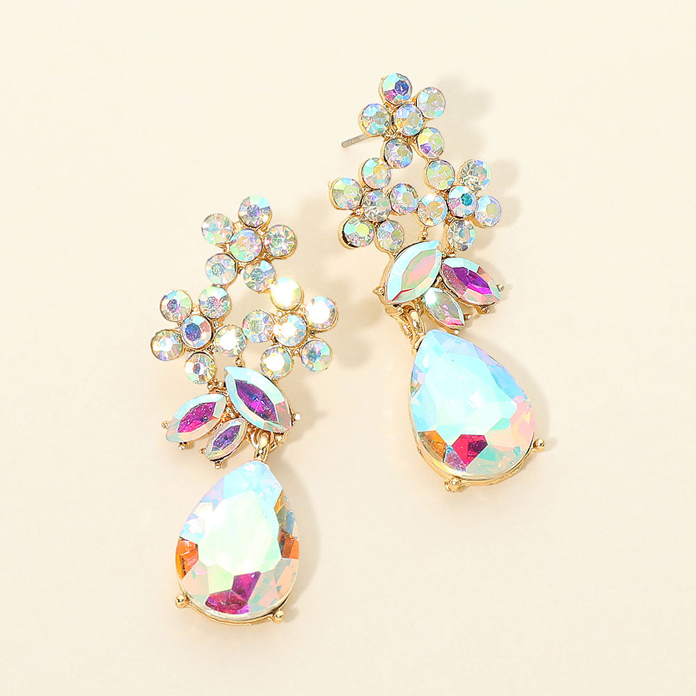 Madeline Love AB, Gold Floral Teardrop Stone Cluster Drop Evening Earrings
