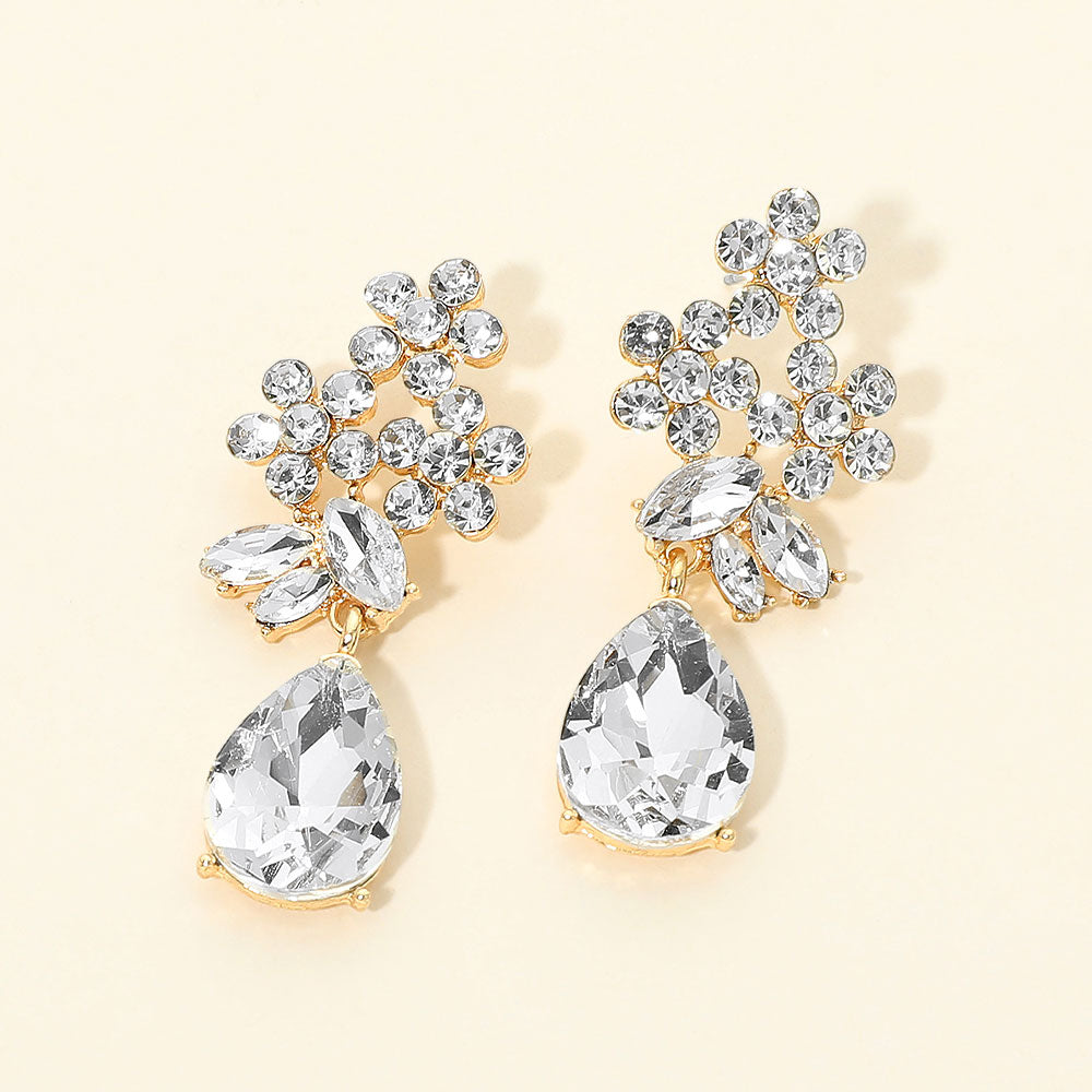 Madeline Love Clear, Gold Floral Teardrop Stone Cluster Drop Evening Earrings