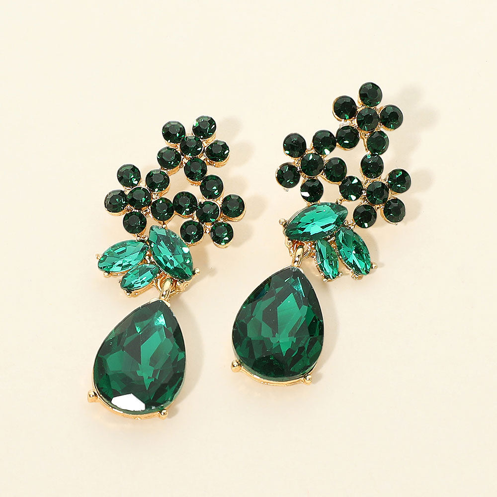 Madeline Love Emerald, Gold Floral Teardrop Stone Cluster Drop Evening Earrings