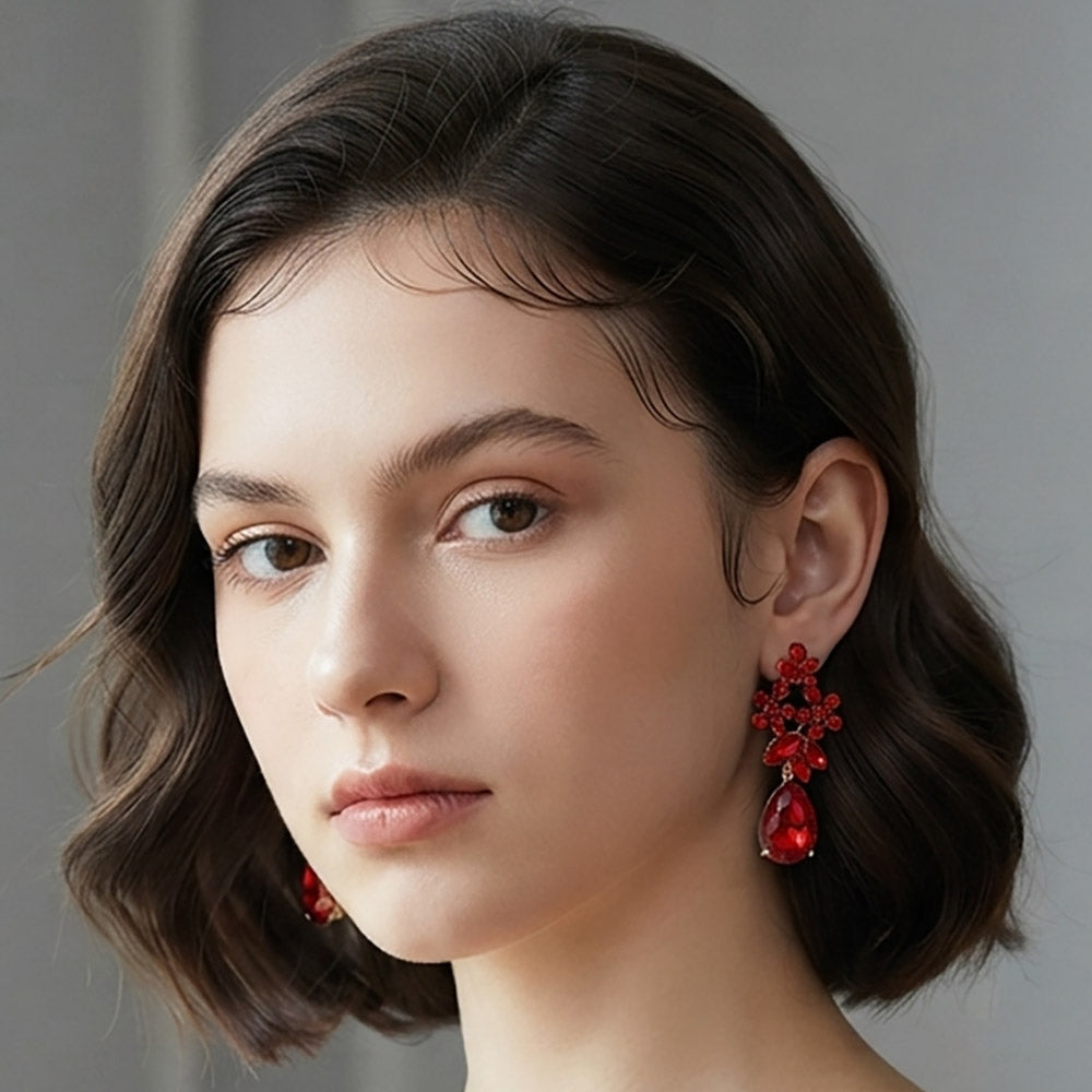 Madeline Love Gold, Siam Floral Teardrop Stone Cluster Drop Evening Earrings