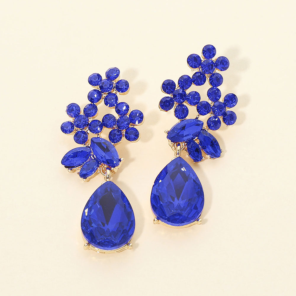 Madeline Love Gold, Sapphire Floral Teardrop Stone Cluster Drop Evening Earrings