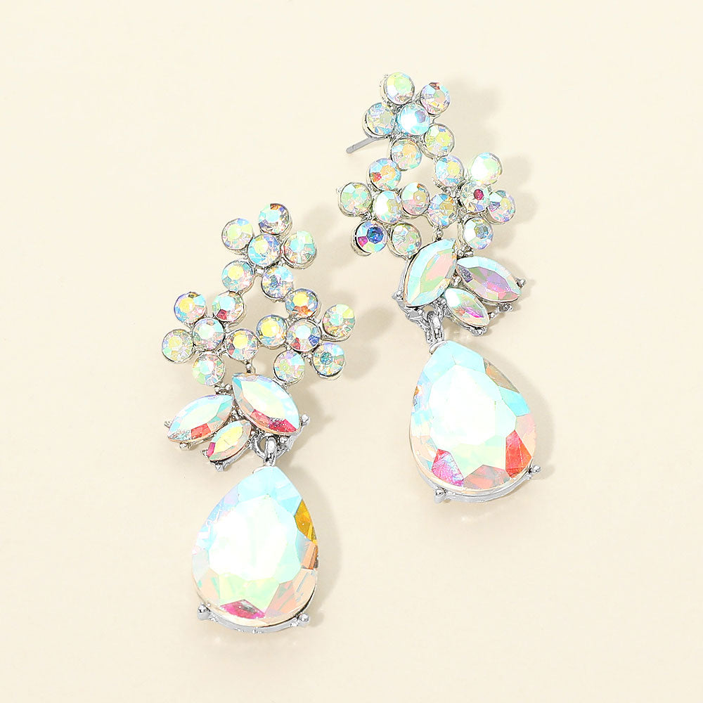 Madeline Love AB, Silver Floral Teardrop Stone Cluster Drop Evening Earrings