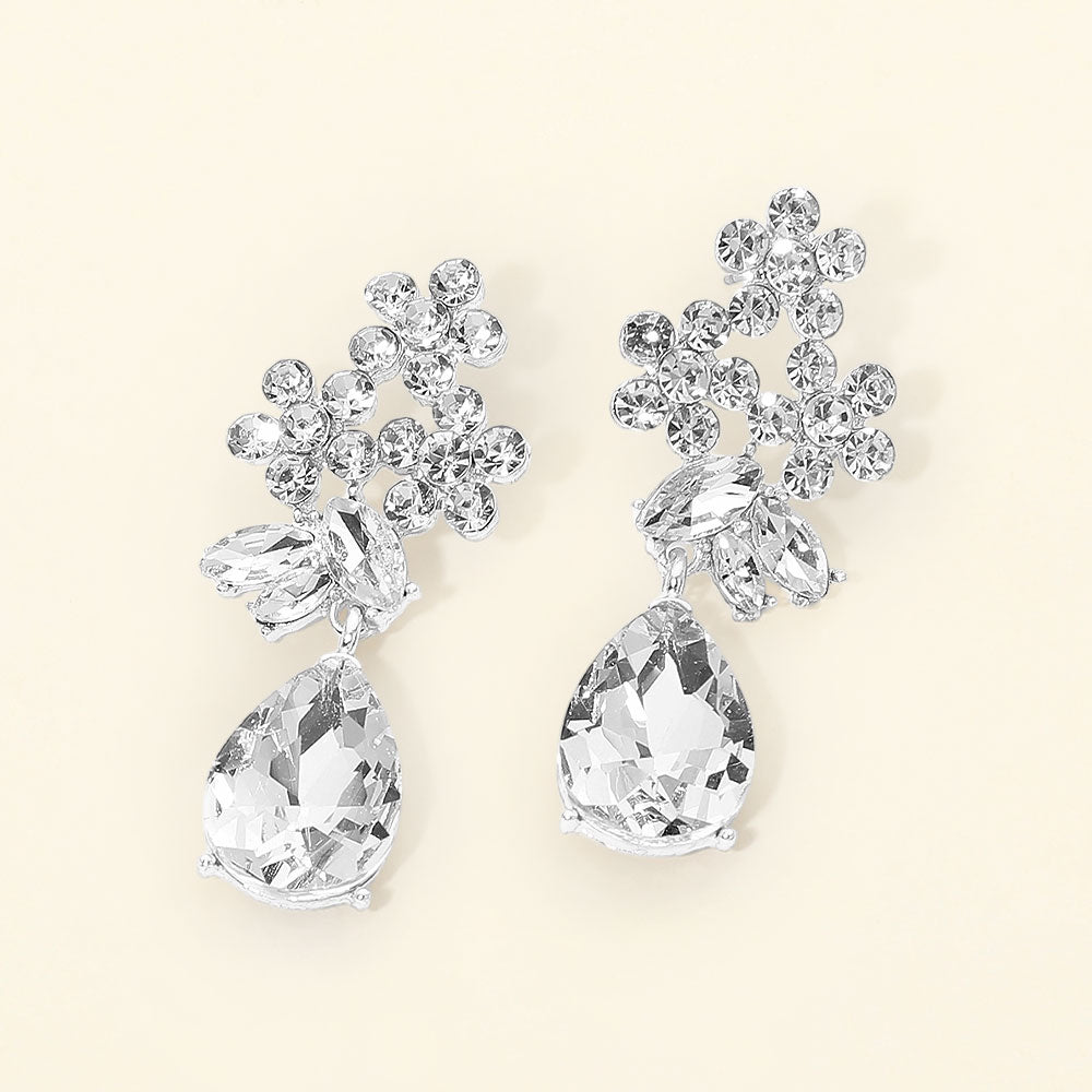 Madeline Love Clear, Silver Floral Teardrop Stone Cluster Drop Evening Earrings