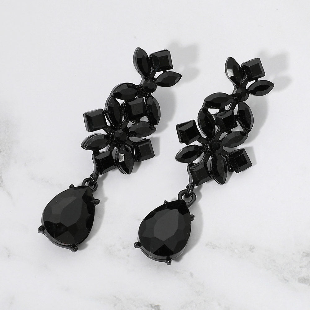 Madeline Love Black, Jet Black Floral Teardrop Cluster Drop Evening Earrings