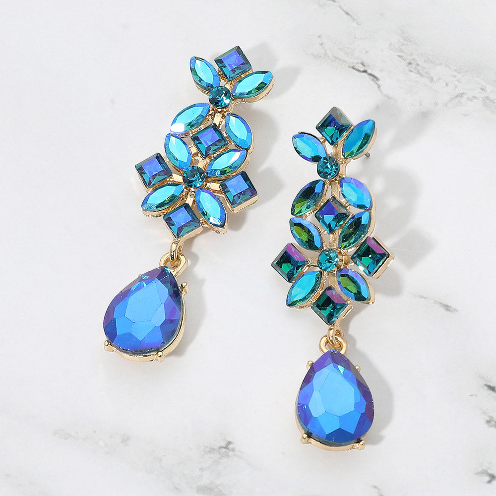 Madeline Love AB, Blue, Gold Floral Teardrop Cluster Drop Evening Earrings