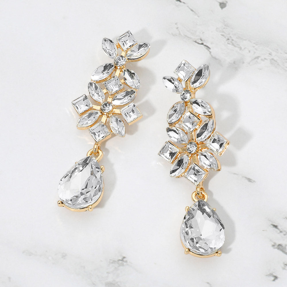Madeline Love Clear, Gold Floral Teardrop Cluster Drop Evening Earrings