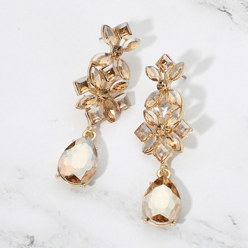 Madeline Love Gold, Lt Col Topaz Floral Teardrop Cluster Drop Evening Earrings