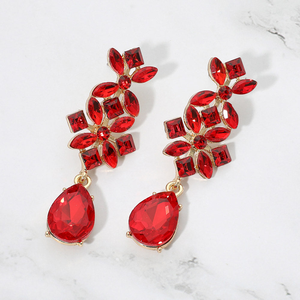 Madeline Love Gold, Siam Floral Teardrop Cluster Drop Evening Earrings