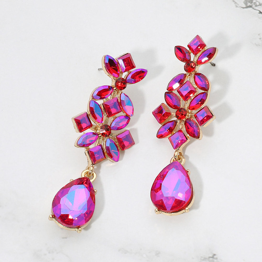 Madeline Love AB, Gold, Purple Floral Teardrop Cluster Drop Evening Earrings