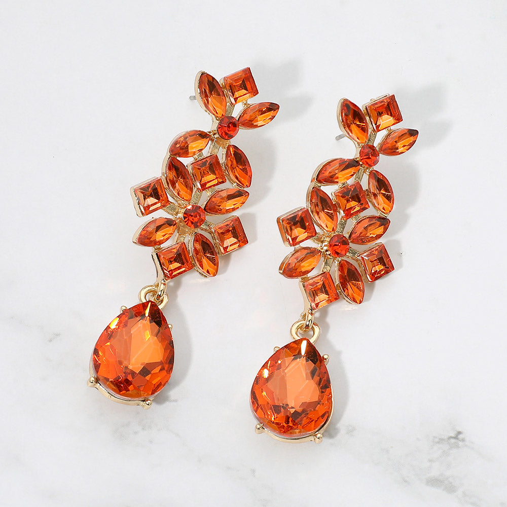 Madeline Love Gold, Orange Floral Teardrop Cluster Drop Evening Earrings