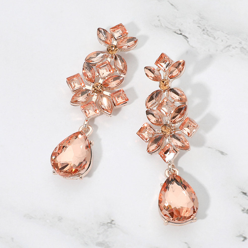 Madeline Love Peach, Rose Gold Floral Teardrop Cluster Drop Evening Earrings