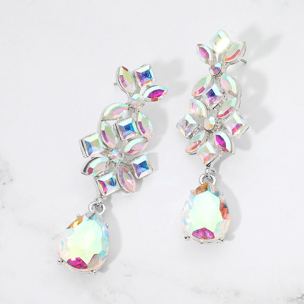 Madeline Love AB, Silver Floral Teardrop Cluster Drop Evening Earrings
