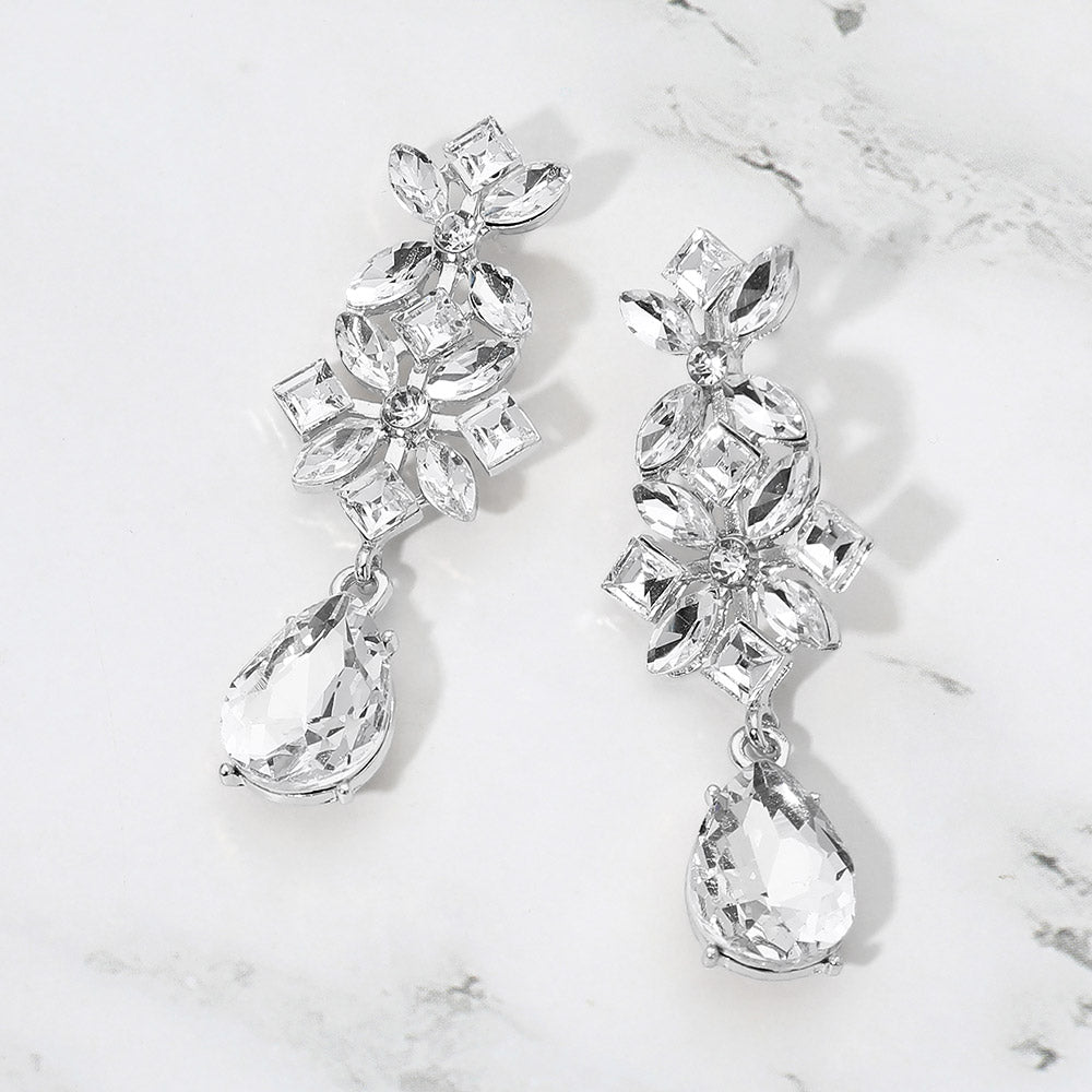 Madeline Love Clear, Silver Floral Teardrop Cluster Drop Evening Earrings