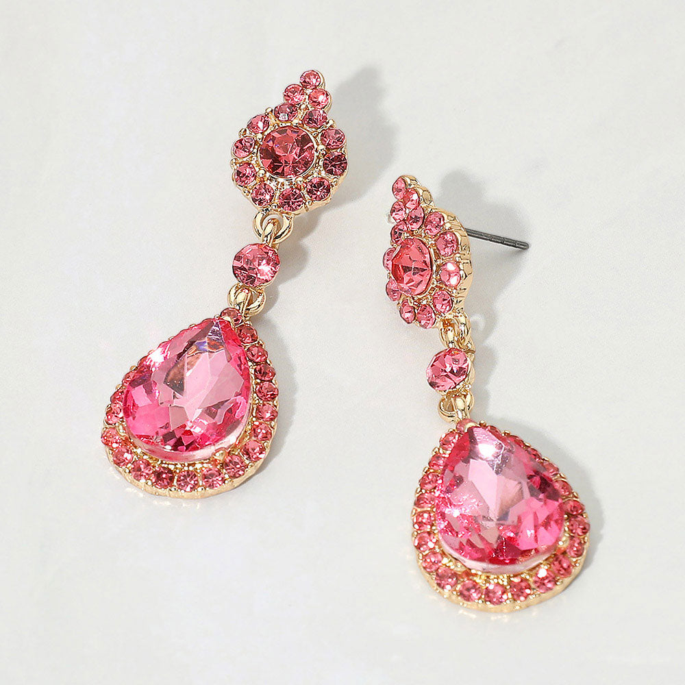 Madeline Love Gold, Pink Teardrop Crystal Drop Evening Earrings