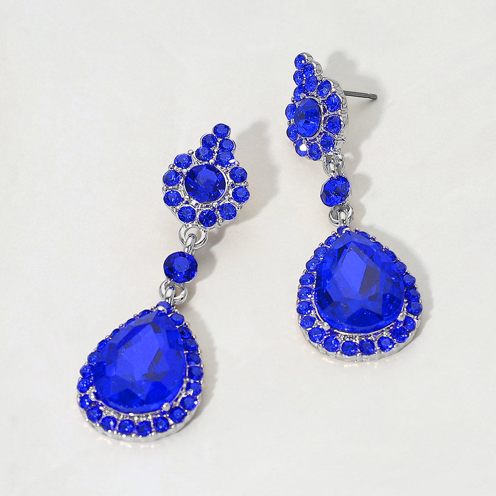 Madeline Love Rhodium, Royal Blue Teardrop Crystal Drop Evening Earrings