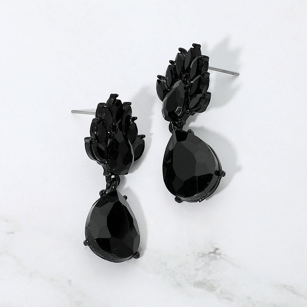 Madeline Love Black, Jet Black Elegant Teardrop Cluster Drop Evening Earrings