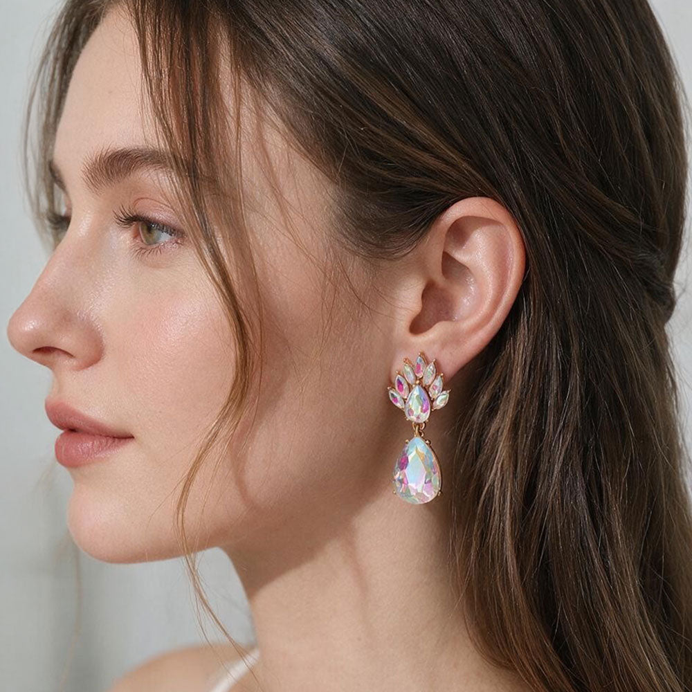 Madeline Love AB, Gold Elegant Teardrop Cluster Drop Evening Earrings