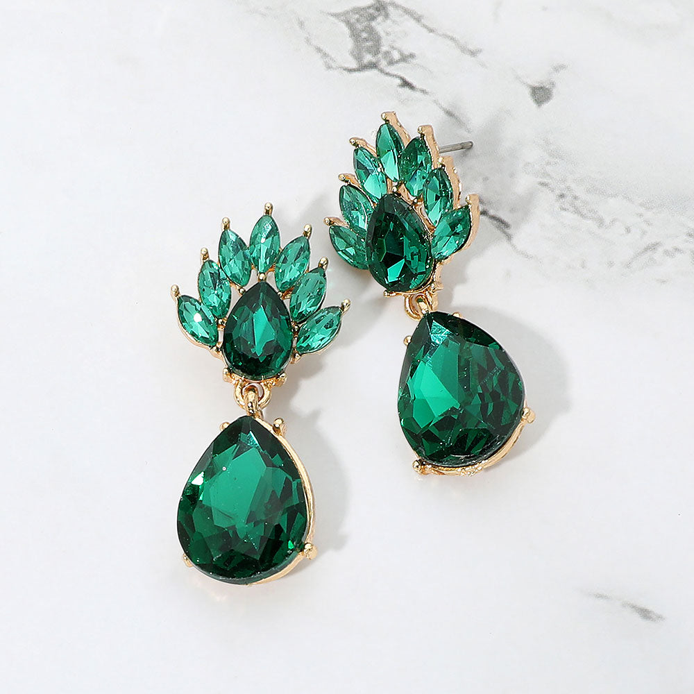 Madeline Love Emerald, Gold Elegant Teardrop Cluster Drop Evening Earrings