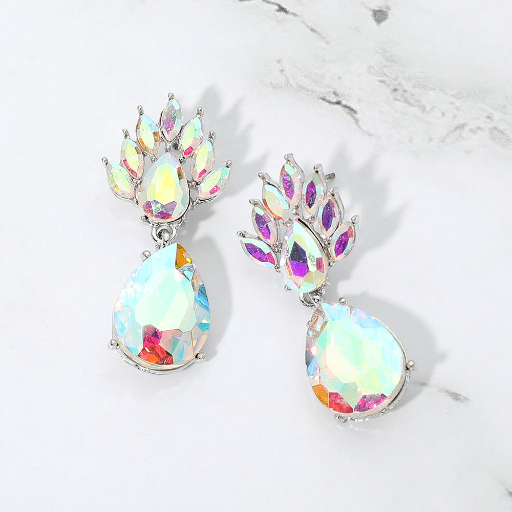 Madeline Love AB, Silver Elegant Teardrop Cluster Drop Evening Earrings