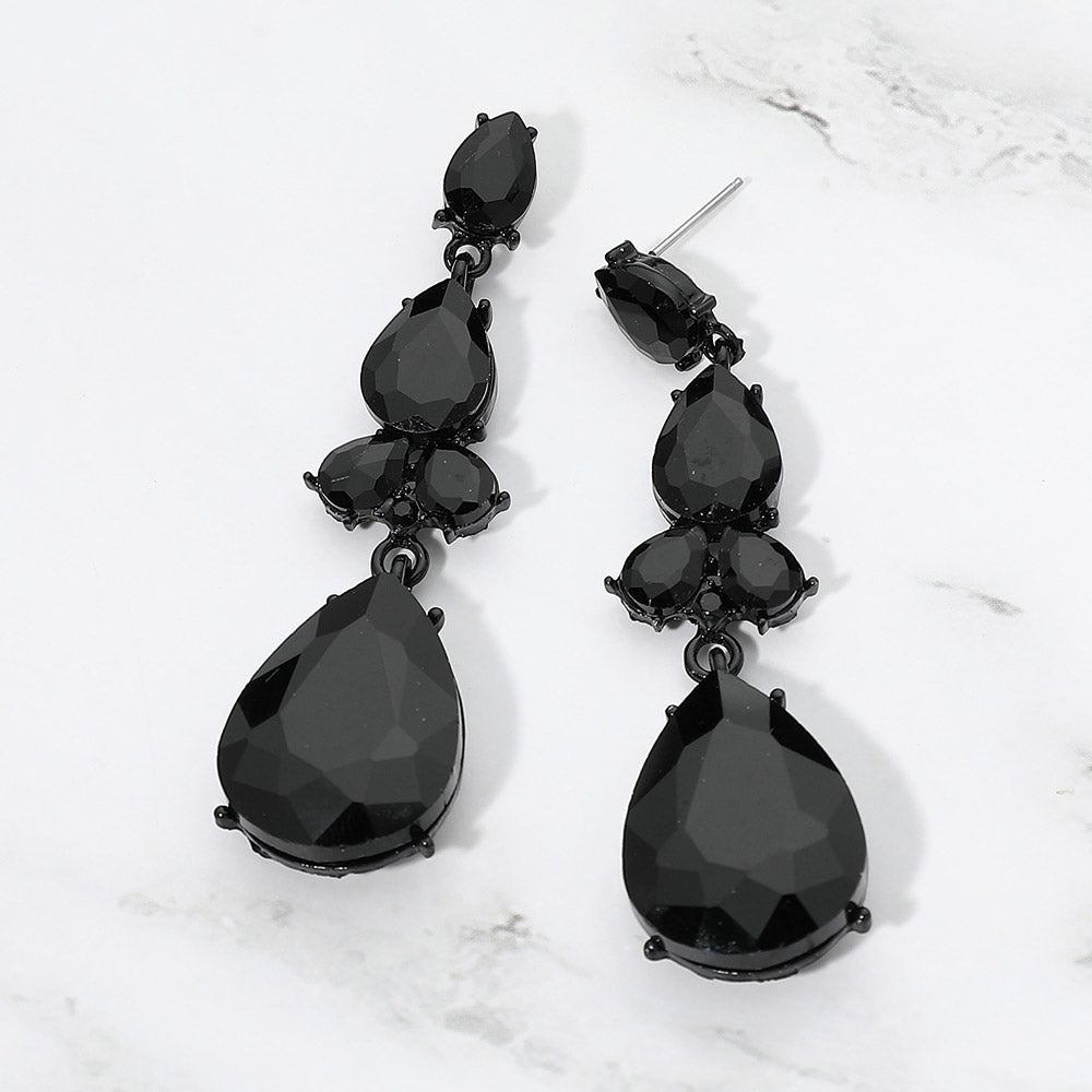 Madeline Love Black, Jet Black Teardrop Cluster Drop Evening Earrings