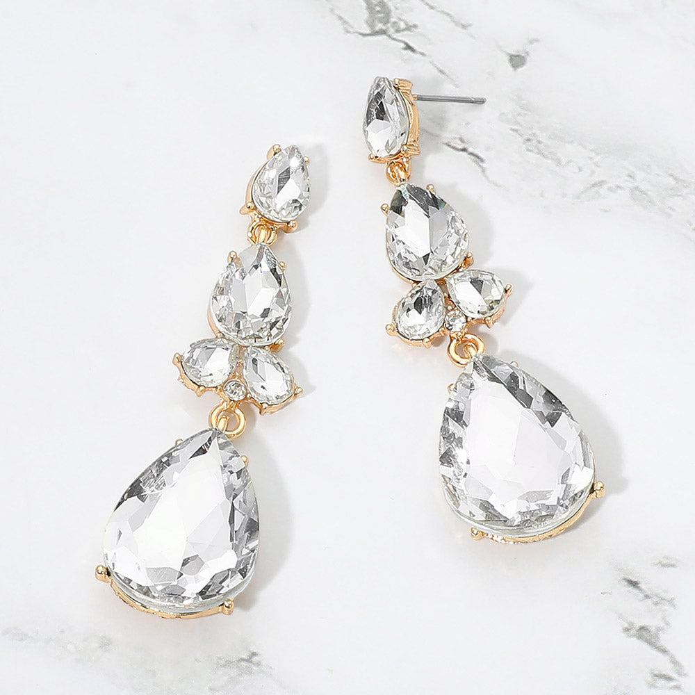 Madeline Love Clear, Gold Teardrop Cluster Drop Evening Earrings