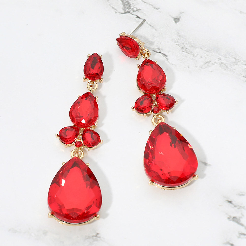 Madeline Love Gold, Siam Teardrop Cluster Drop Evening Earrings