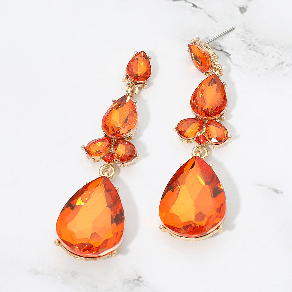 Madeline Love Gold, Orange Teardrop Cluster Drop Evening Earrings