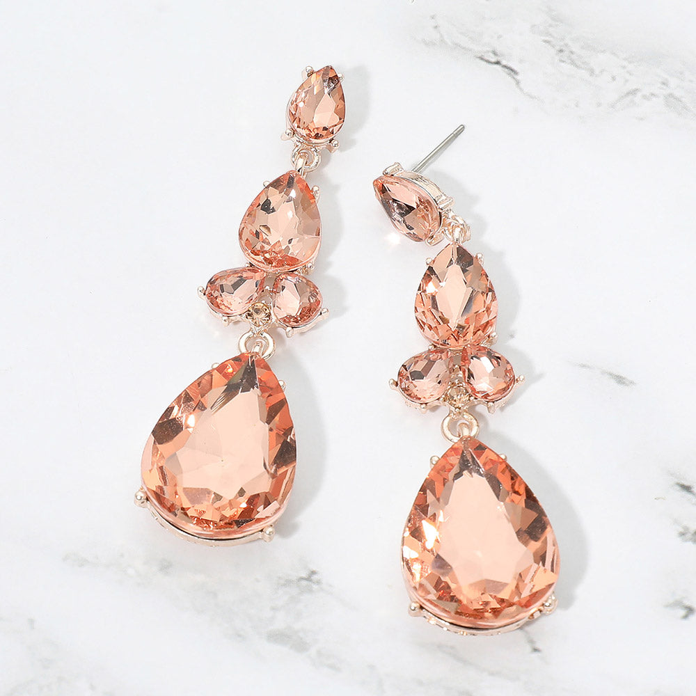 Madeline Love Peach, Rose Gold Teardrop Cluster Drop Evening Earrings