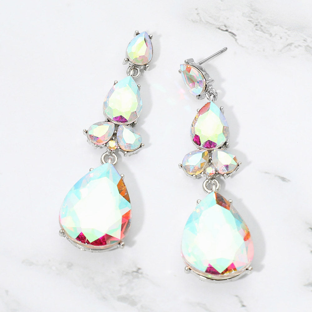 Madeline Love AB, Silver Teardrop Cluster Drop Evening Earrings