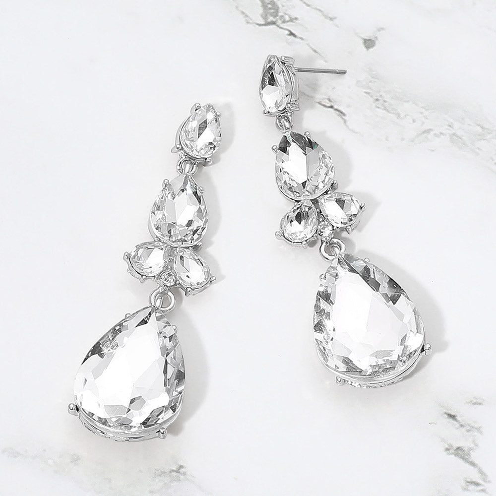 Madeline Love Clear, Silver Teardrop Cluster Drop Evening Earrings