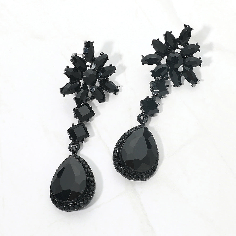 Madeline Love Black, Jet Black Floral Crystal Teardrop Cluster Drop Evening Earrings