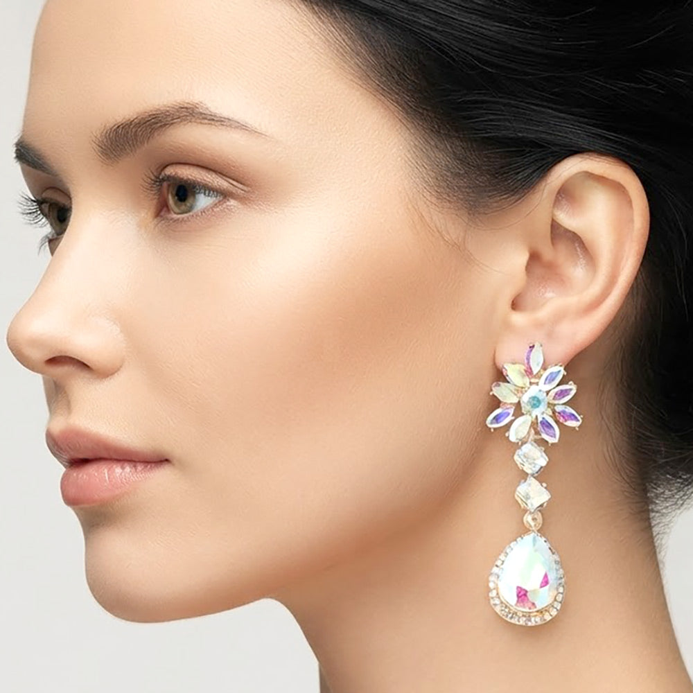 Madeline Love AB, Gold Floral Crystal Teardrop Cluster Drop Evening Earrings