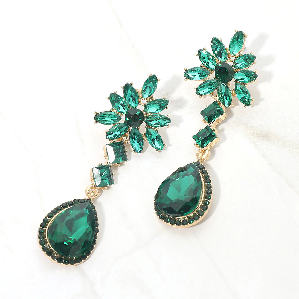 Madeline Love Emerald, Gold Floral Crystal Teardrop Cluster Drop Evening Earrings