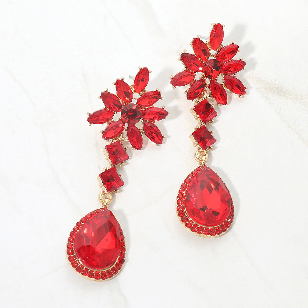 Madeline Love Gold, Siam Floral Crystal Teardrop Cluster Drop Evening Earrings