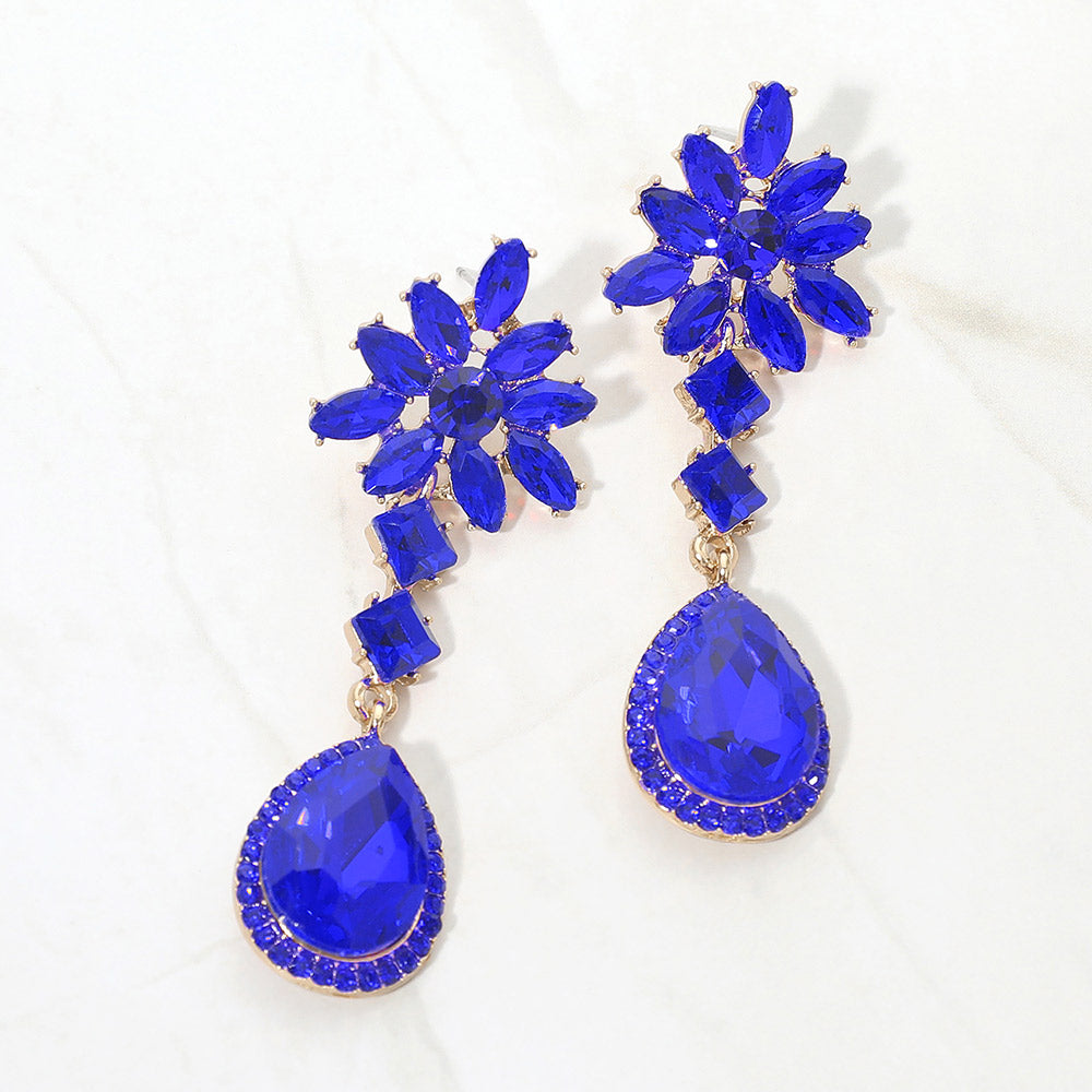 Madeline Love Gold, Sapphire Floral Crystal Teardrop Cluster Drop Evening Earrings
