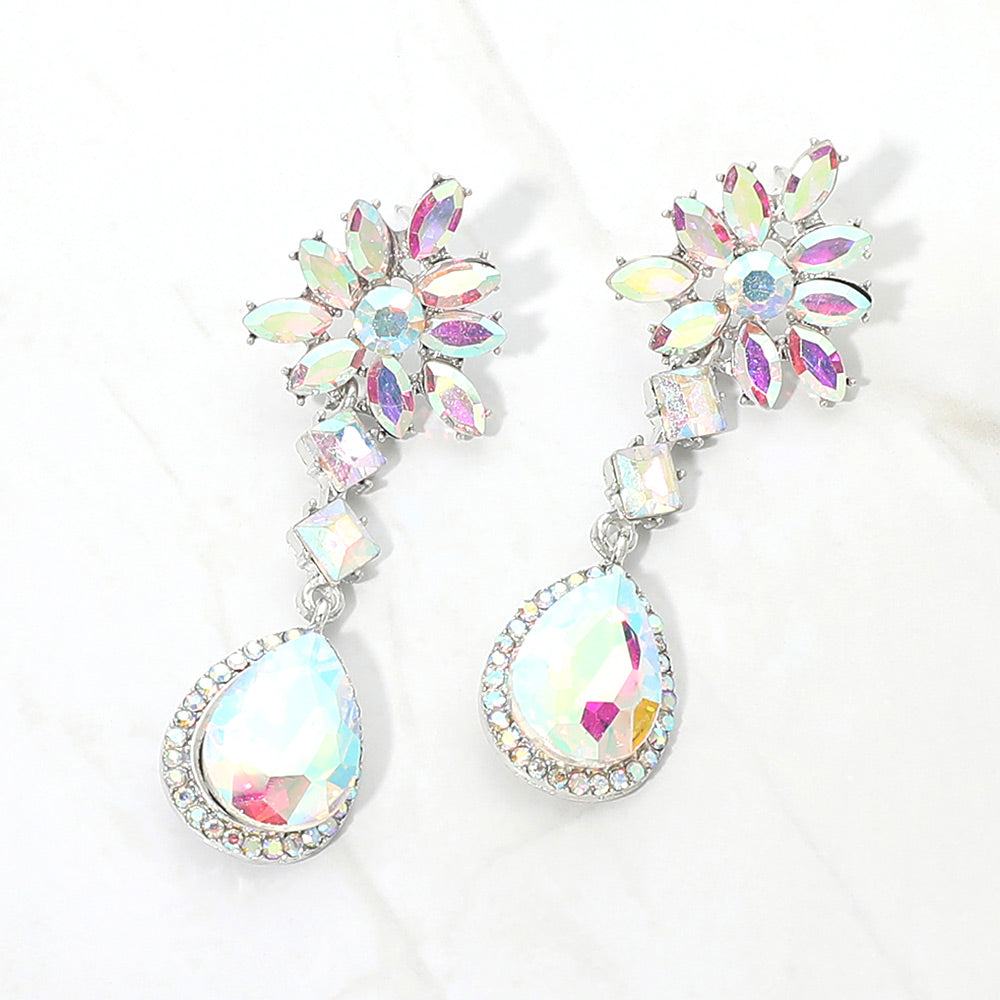 Madeline Love AB, Silver Floral Crystal Teardrop Cluster Drop Evening Earrings