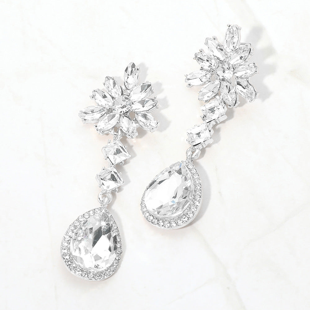 Madeline Love Clear, Silver Floral Crystal Teardrop Cluster Drop Evening Earrings
