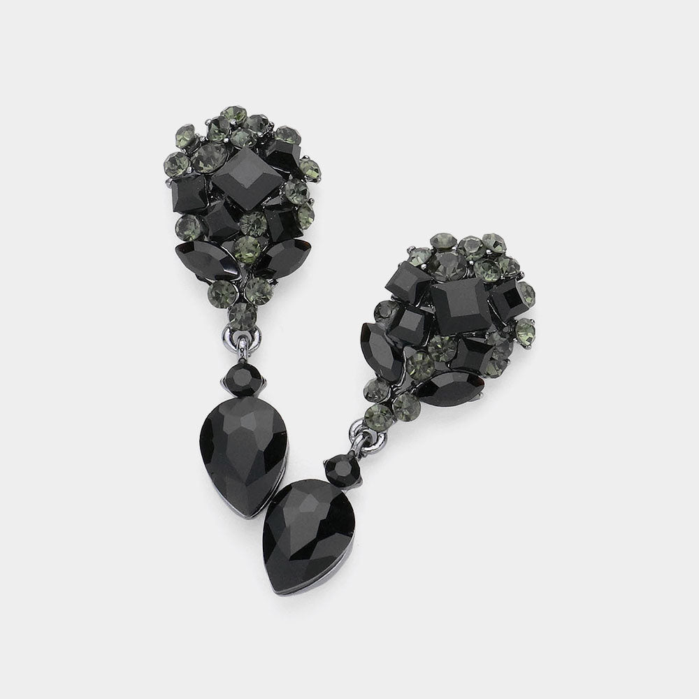 Madeline Love Black, Black Diamond Crystal Cluster Drop Evening Earrings