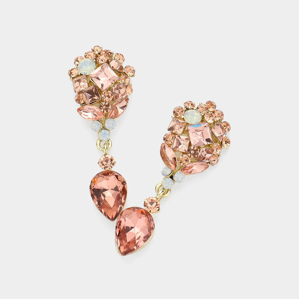 Madeline Love Gold, Peach Crystal Cluster Drop Evening Earrings