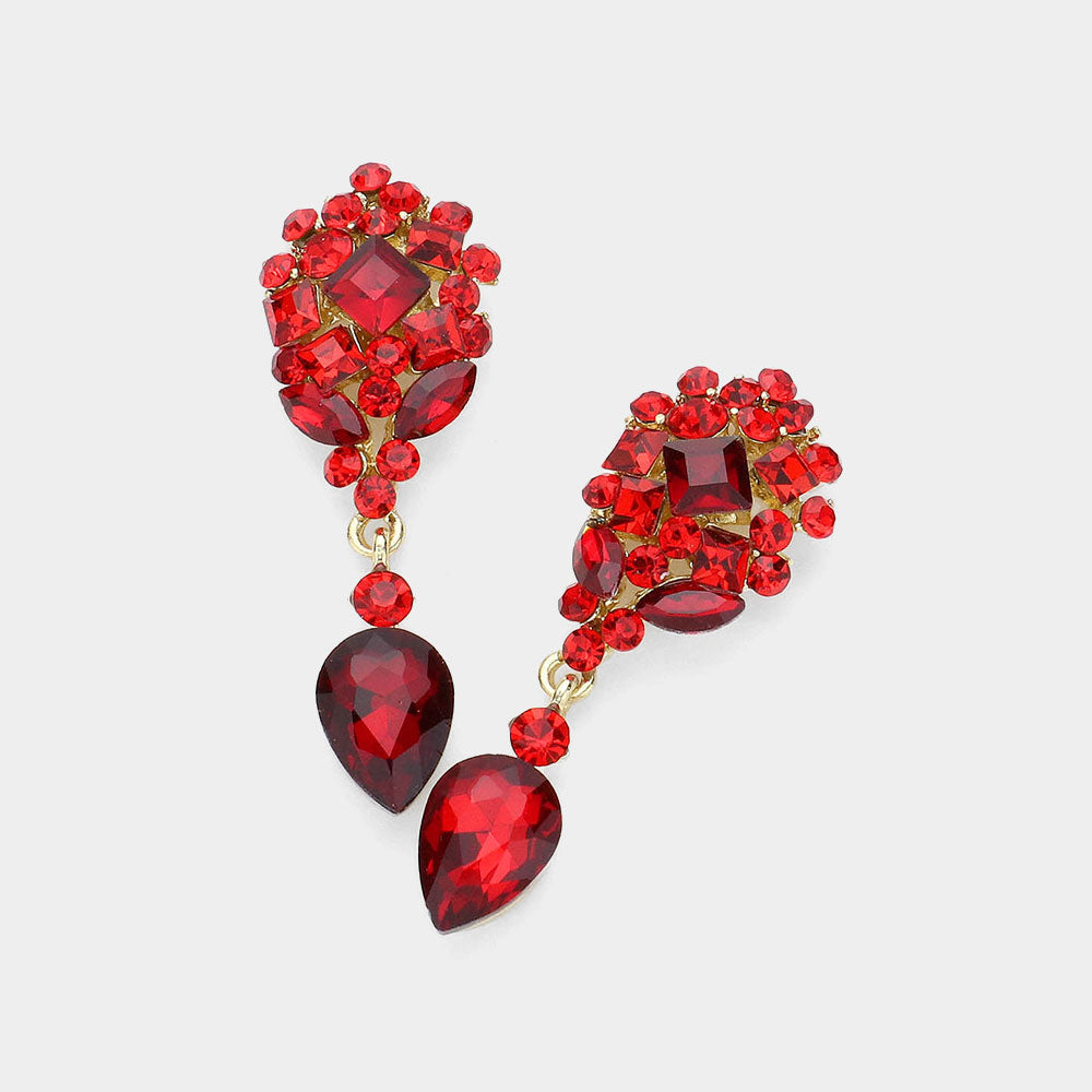 Madeline Love Gold, Siam Crystal Cluster Drop Evening Earrings