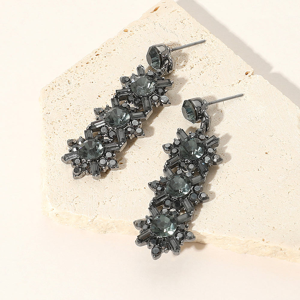 Madeline Love Black Diamond, Gun Metal Crystal Round Rhinestone Pave Drop Evening Earrings