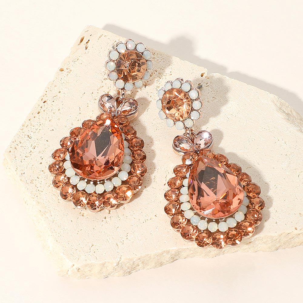 Madeline Love Peach, Rose Gold Crystal Rhinestone Teardrop Drop Evening Earrings
