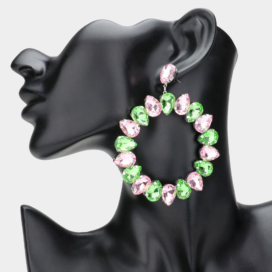 Madeline Love Pink&Green, Rhodium Teardrop Glass Crystal Open Circle Evening Earrings