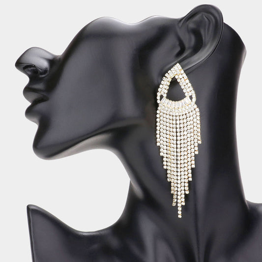 Madeline Love Gold Open Teardrop Accented Rhinestone Fringe Dangle Evening Earrings