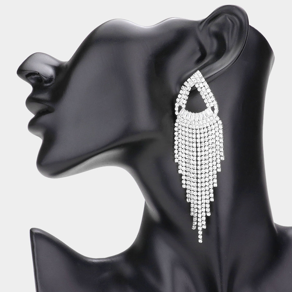 Madeline Love Silver Open Teardrop Accented Rhinestone Fringe Dangle Evening Earrings