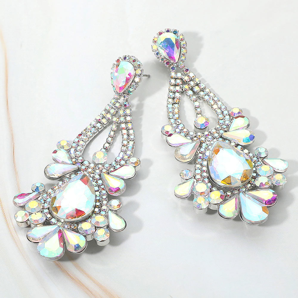 Madeline Love AB, Silver Teardrop Stone Cluster Statement Evening Earrings