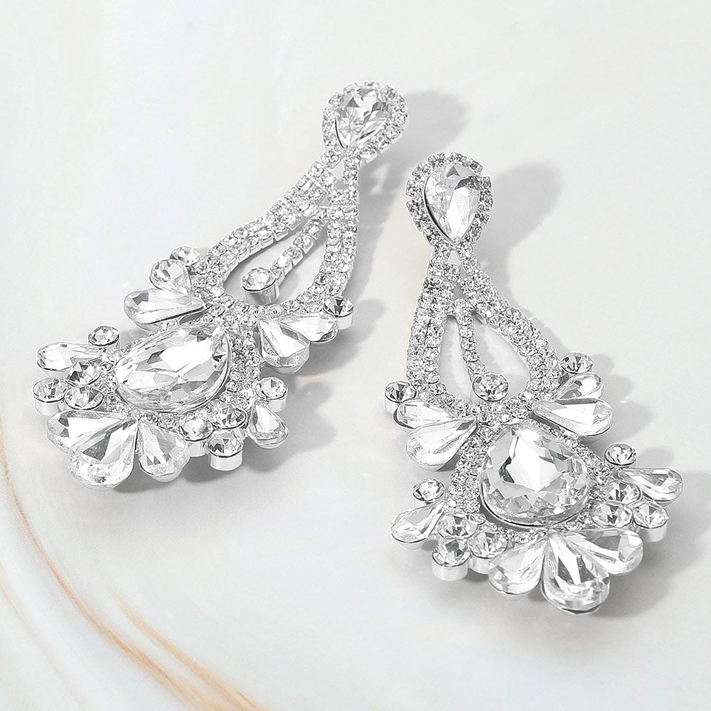 Madeline Love Clear, Silver Teardrop Stone Cluster Statement Evening Earrings