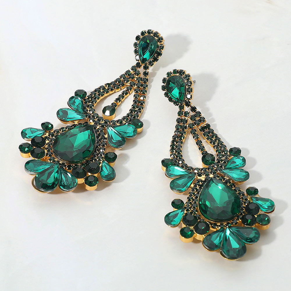 Madeline Love Emerald, Gold Teardrop Stone Cluster Statement Evening Earrings